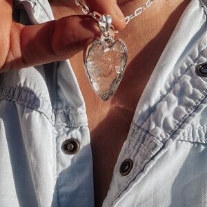 BIG raw clear quartz heart chunky silver necklace.